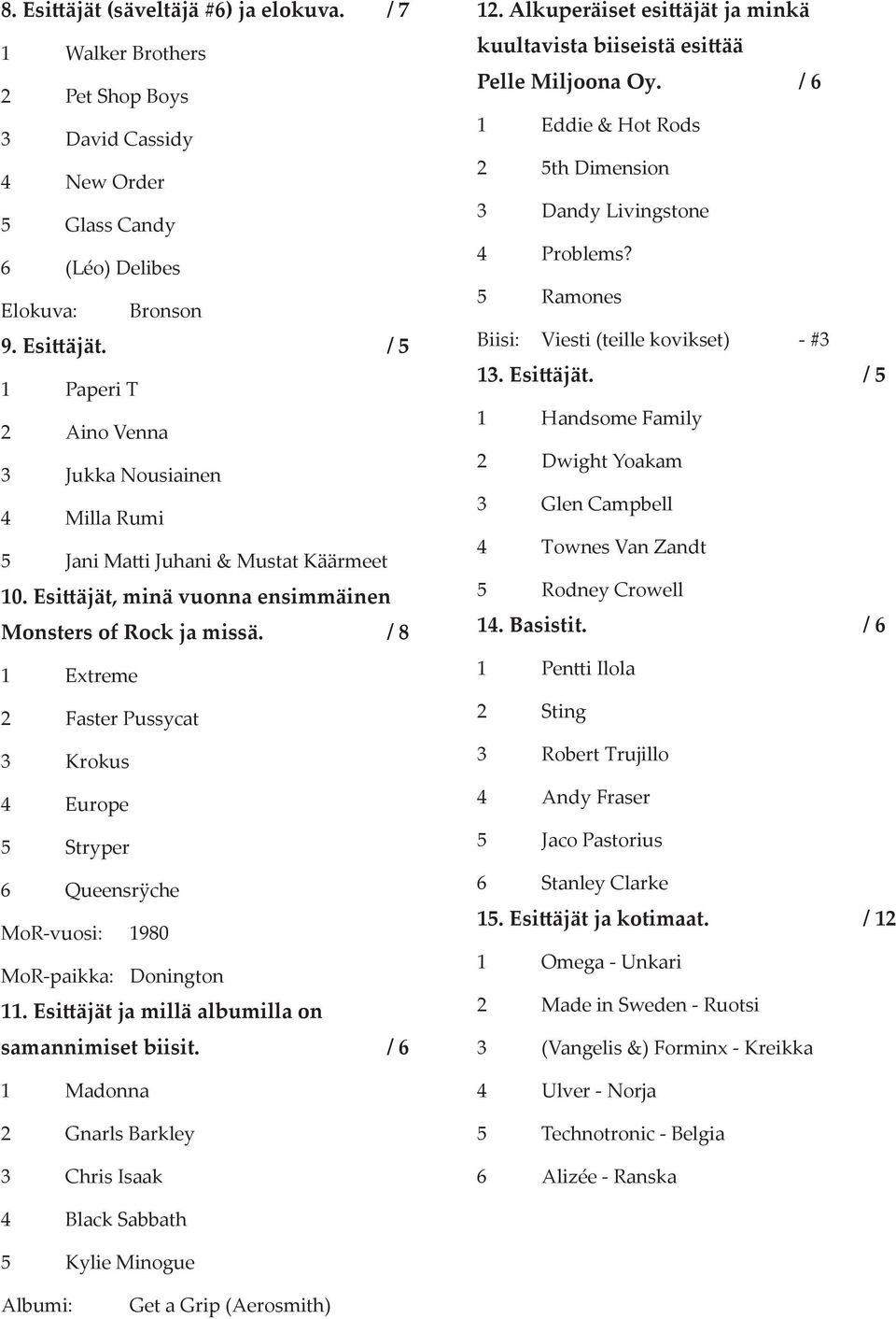 Esi äjät ja millä albumilla on samannimiset biisit. / 6 1 Madonna 2 Gnarls Barkley 3 Chris Isaak 12. Alkuperäiset esi äjät ja minkä kuultavista biiseistä esi ää Pelle Miljoona Oy.