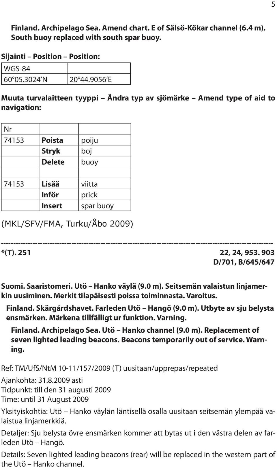 Turku/Åbo 2009) *(T). 251 22, 24, 953. 903 D/701, B/645/647 Suomi. Saaristomeri. Utö Hanko väylä (9.0 m). Seitsemän valaistun linjamerkin uusiminen. Merkit tilapäisesti poissa toiminnasta. Varoitus.