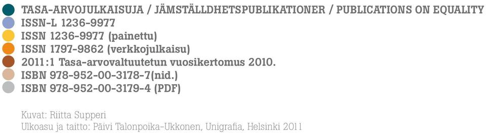Tasa-arvovaltuutetun vuosikertomus 2010. ISBN 978-952-00-3178-7(nid.