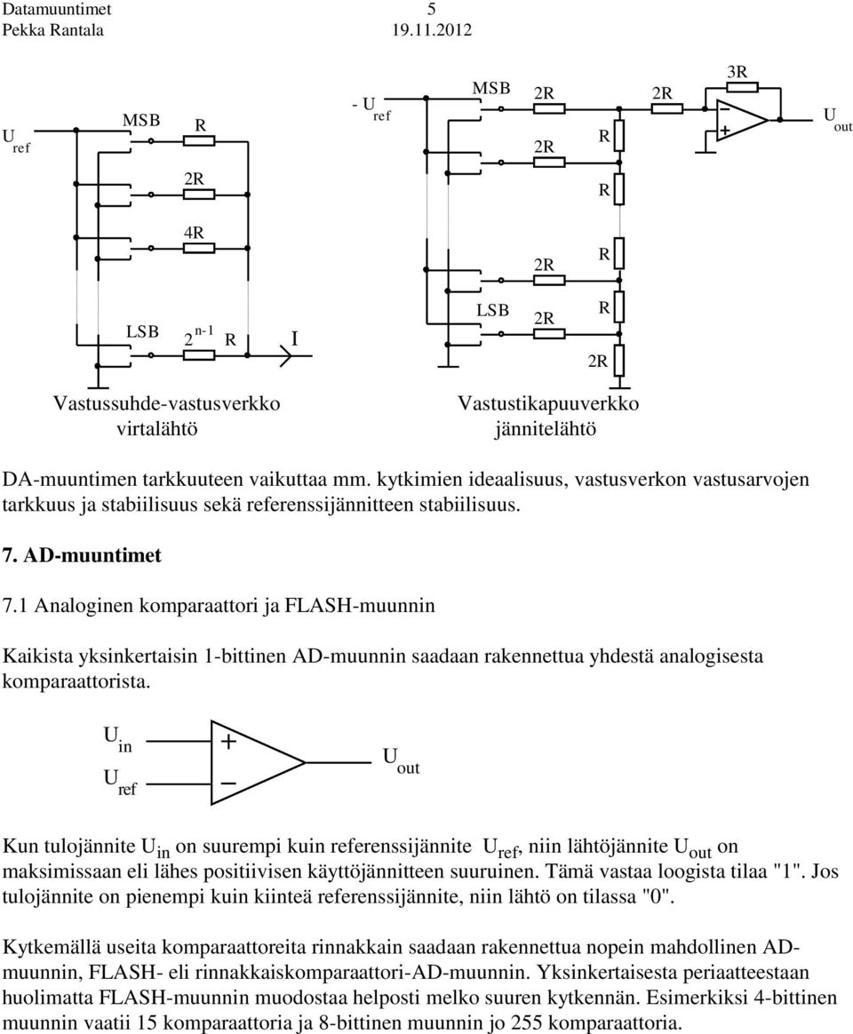 kytkimien ideaalisuus, vastusverkon vastusarvojen tarkkuus ja stabiilisuus sekä referenssijännitteen stabiilisuus. 7. AD-muuntimet 7.