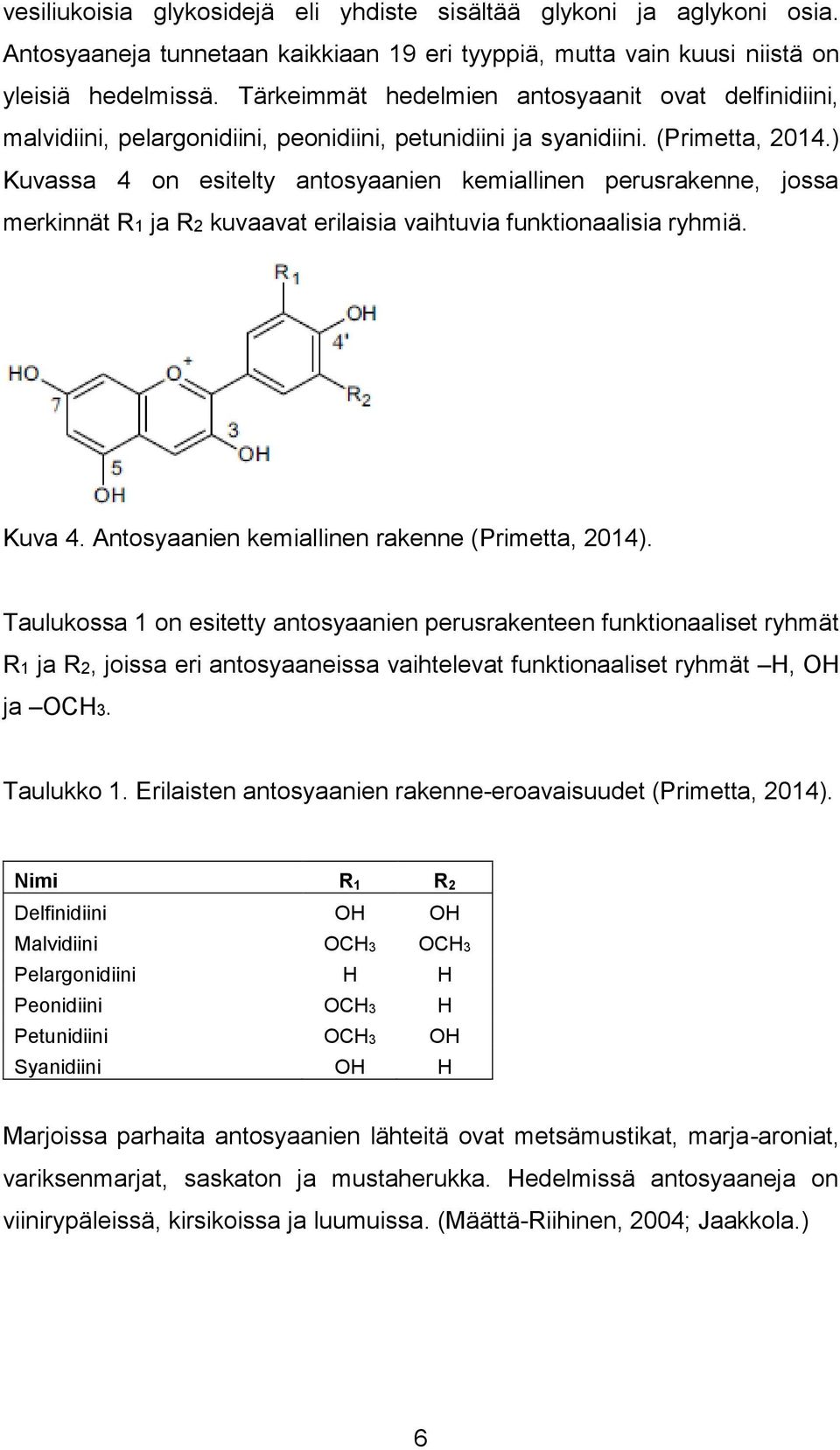 ) Kuvassa 4 on esitelty antosyaanien kemiallinen perusrakenne, jossa merkinnät R1 ja R2 kuvaavat erilaisia vaihtuvia funktionaalisia ryhmiä. Kuva 4. Antosyaanien kemiallinen rakenne (Primetta, 2014).