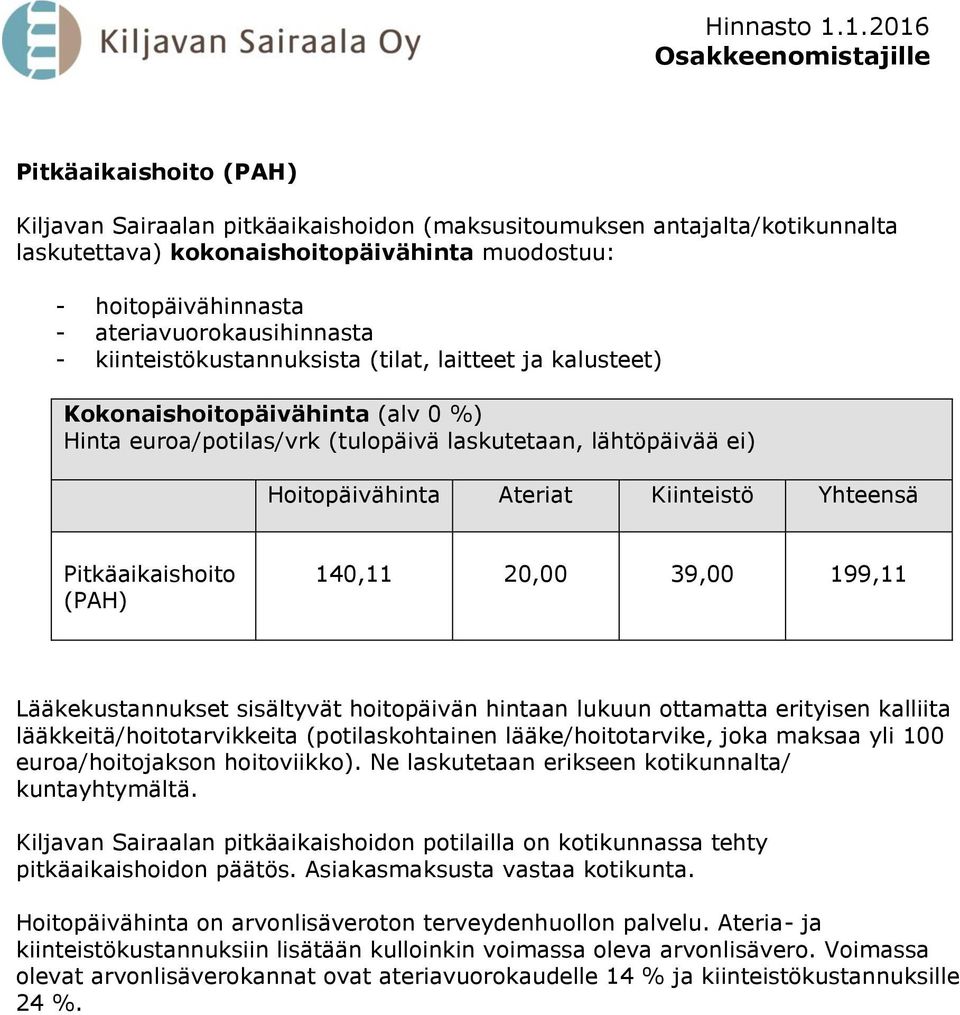 Pitkäaikaishoito (PAH) 140,11 20,00 39,00 199,11 Kiljavan Sairaalan