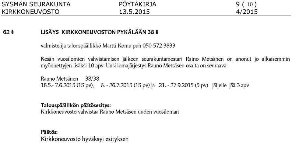 apv. Uusi lomajärjestys Rauno Metsäsen osalta on seuraava: Rauno Metsänen 38/38 18.5.- 7.6.2015 (15 pv), 6. - 26.7.2015 (15 pv) ja 21.