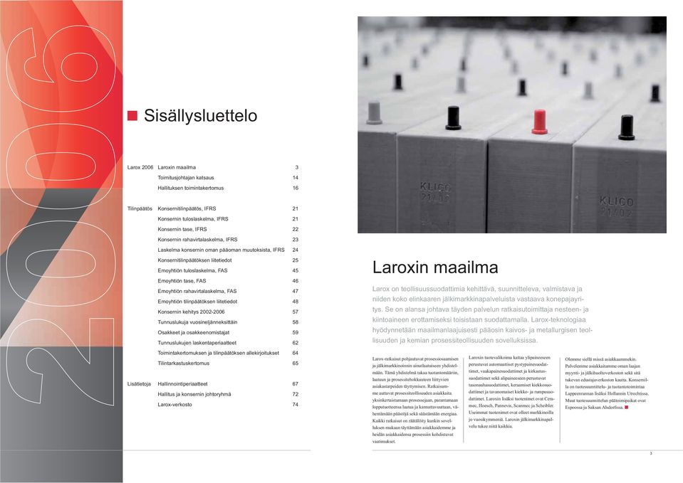 Emoyhtiön rahavirtalaskelma, FAS 47 Emoyhtiön tilinpäätöksen liitetiedot 48 Konsernin kehitys 2002-2006 57 Tunnuslukuja vuosineljänneksittäin 58 Osakkeet ja osakkeenomistajat 59 Tunnuslukujen