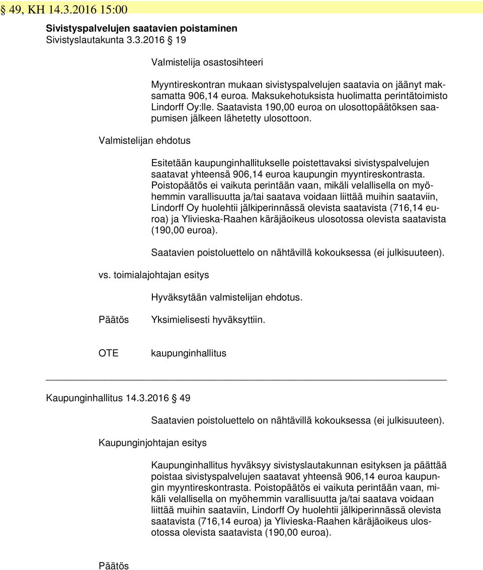 Esitetään kaupunginhallitukselle poistettavaksi sivistyspalvelujen saatavat yhteensä 906,14 euroa kaupungin myyntireskontrasta.