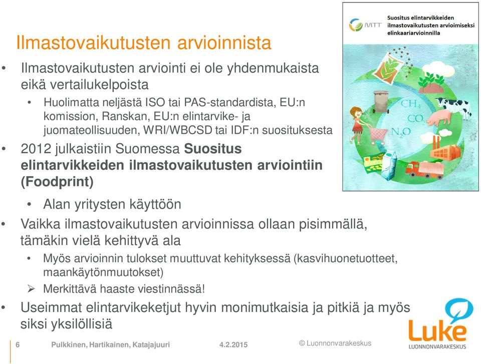 (Foodprint) Alan yritysten käyttöön Vaikka ilmastovaikutusten arvioinnissa ollaan pisimmällä, tämäkin vielä kehittyvä ala Myös arvioinnin tulokset muuttuvat kehityksessä