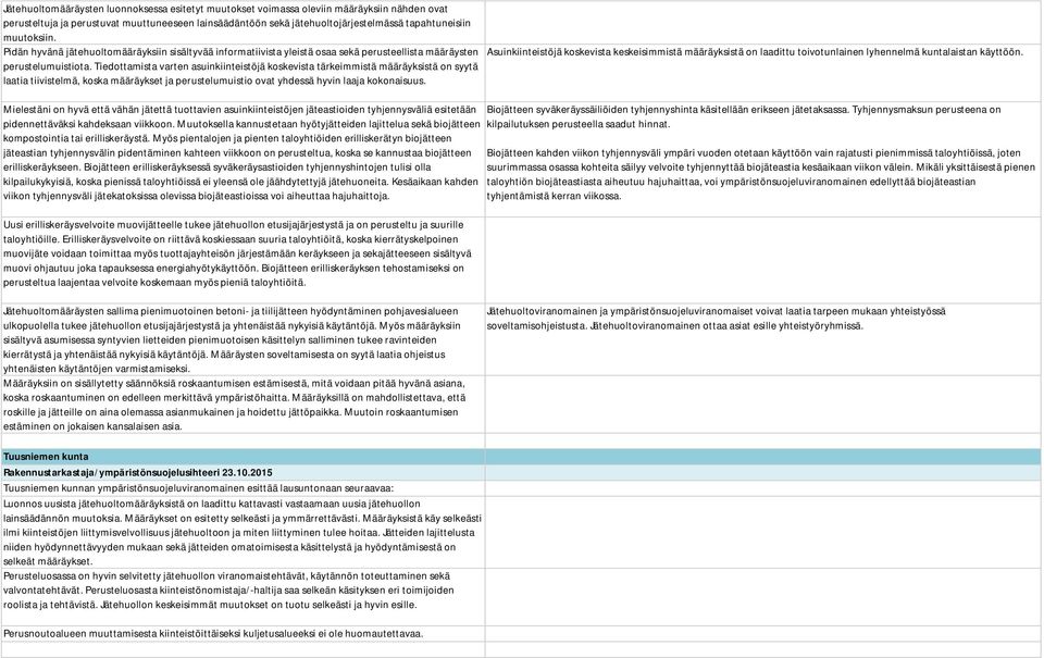 Tiedottamista varten asuinkiinteistöjä koskevista tärkeimmistä määräyksistä on syytä laatia tiivistelmä, koska määräykset ja perustelumuistio ovat yhdessä hyvin laaja kokonaisuus.