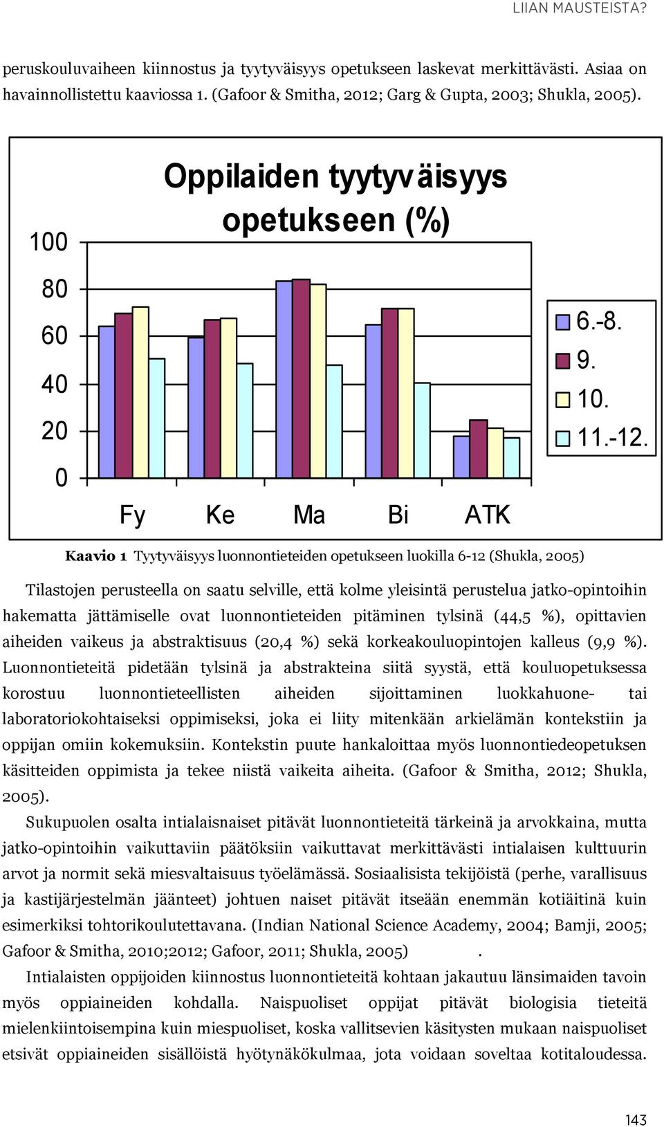 Kaavio 1 Tyytyväisyys luonnontieteiden opetukseen luokilla 6-12 (Shukla, 2005) Tilastojen perusteella on saatu selville, että kolme yleisintä perustelua jatko-opintoihin hakematta jättämiselle ovat