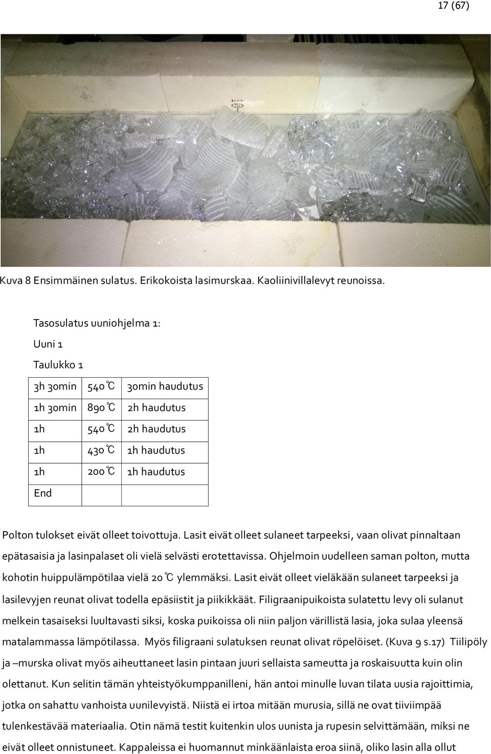 Lasit eivät olleet sulaneet tarpeeksi, vaan olivat pinnaltaan epätasaisia ja lasinpalaset oli vielä selvästi erotettavissa.