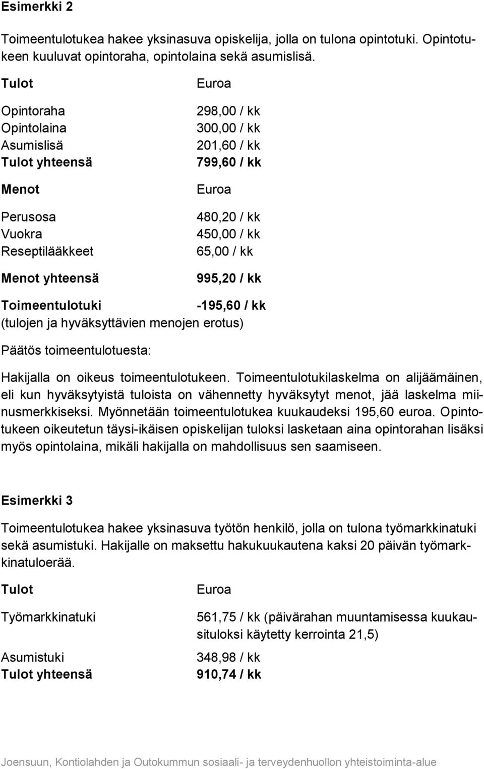 kk Toimeentulotuki -195,60 / kk (tulojen ja hyväksyttävien menojen erotus) Päätös toimeentulotuesta: Hakijalla on oikeus toimeentulotukeen.