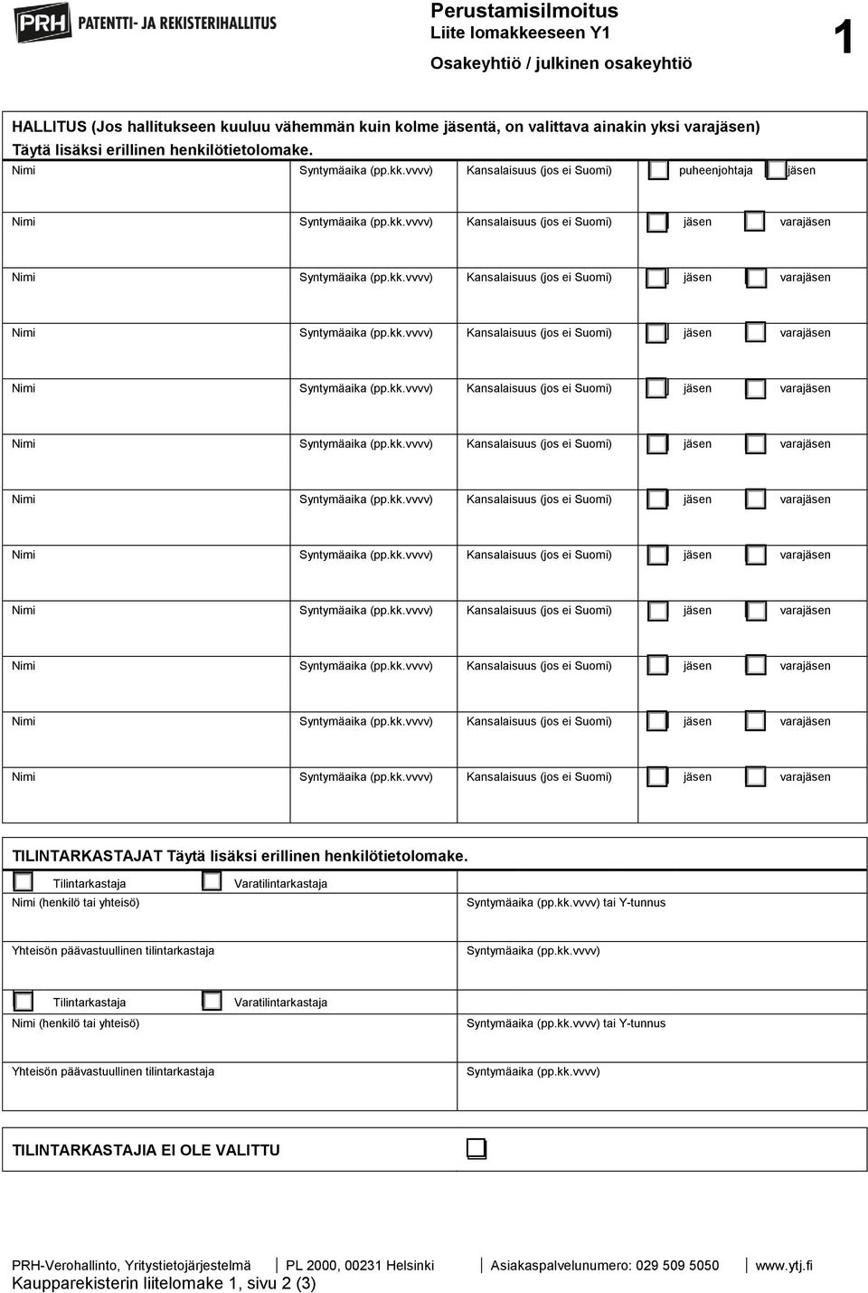 Tilintarkastaja Nimi (henkilö tai yhteisö) Varatilintarkastaja Syntymäaika (pp.kk.vvvv) tai Y-tunnus Yhteisön päävastuullinen tilintarkastaja Syntymäaika (pp.kk.vvvv) Tilintarkastaja Nimi (henkilö tai yhteisö) Varatilintarkastaja Syntymäaika (pp.