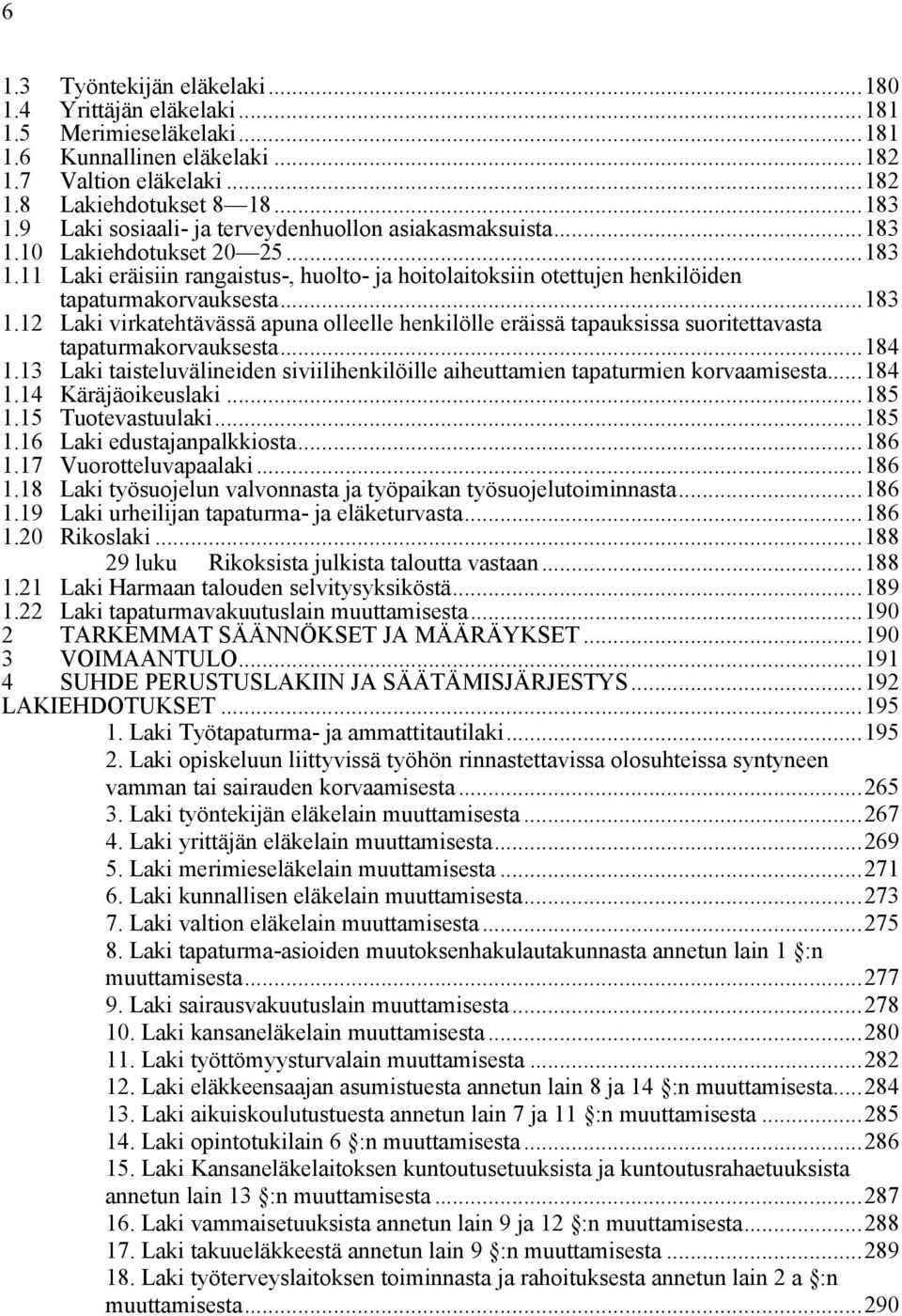 ..183 1.12 Laki virkatehtävässä apuna olleelle henkilölle eräissä tapauksissa suoritettavasta tapaturmakorvauksesta...184 1.