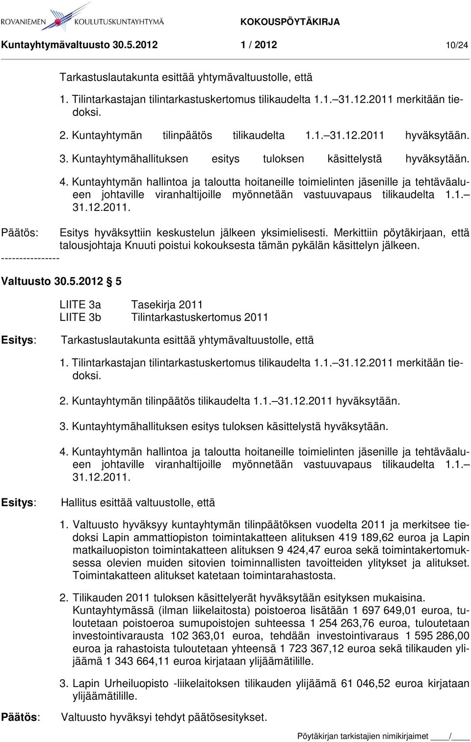 Kuntayhtymän hallintoa ja taloutta hoitaneille toimielinten jäsenille ja tehtäväalueen johtaville viranhaltijoille myönnetään vastuuvapaus tilikaudelta 1.1. 31.12.2011.