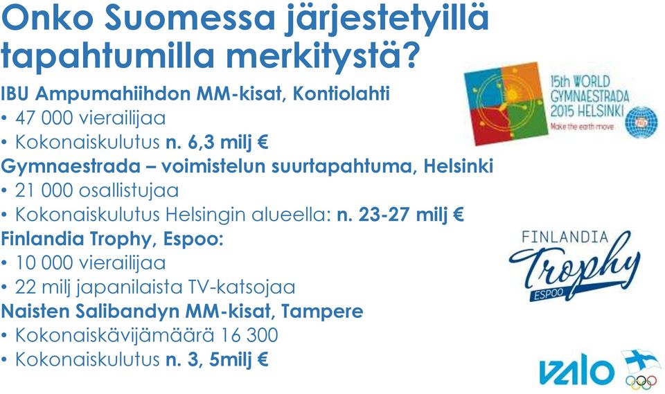 6,3 milj Gymnaestrada voimistelun suurtapahtuma, Helsinki 21 000 osallistujaa Kokonaiskulutus Helsingin