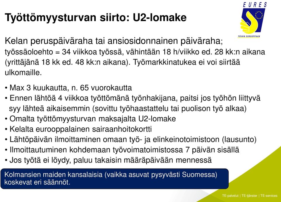 65 vuorokautta Ennen lähtöä 4 viikkoa työttömänä työnhakijana, paitsi jos työhön liittyvä syy lähteä aikaisemmin (sovittu työhaastattelu tai puolison työ alkaa) Omalta työttömyysturvan maksajalta