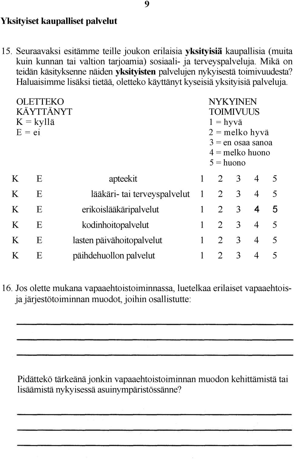 OLETTEKO KÄYTTÄNYT K = kyllä E = ei NYKYINEN TOIMIVUUS 1 = hyvä 2 = melko hyvä 3 = en osaa sanoa 4 = melko huono 5 = huono K E apteekit 1 2 3 4 5 K E lääkäri- tai terveyspalvelut 1 2 3 4 5 K E