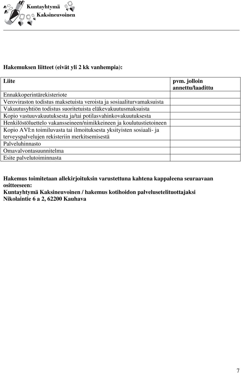 toimiluvasta tai ilmoituksesta yksityisten sosiaali- ja terveyspalvelujen rekisteriin merkitsemisestä Palveluhinnasto Omavalvontasuunnitelma Esite palvelutoiminnasta pvm.