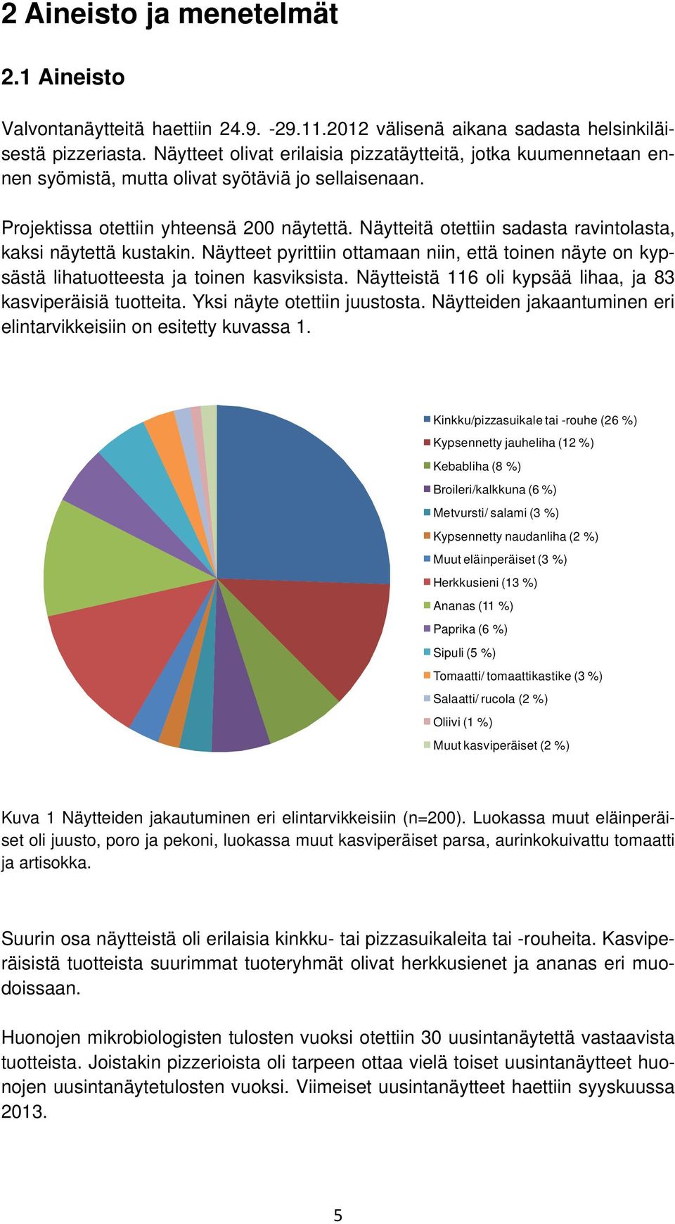 Näytteitä otettiin sadasta ravintolasta, kaksi näytettä kustakin. Näytteet pyrittiin ottamaan niin, että toinen näyte on kypsästä lihatuotteesta ja toinen kasviksista.