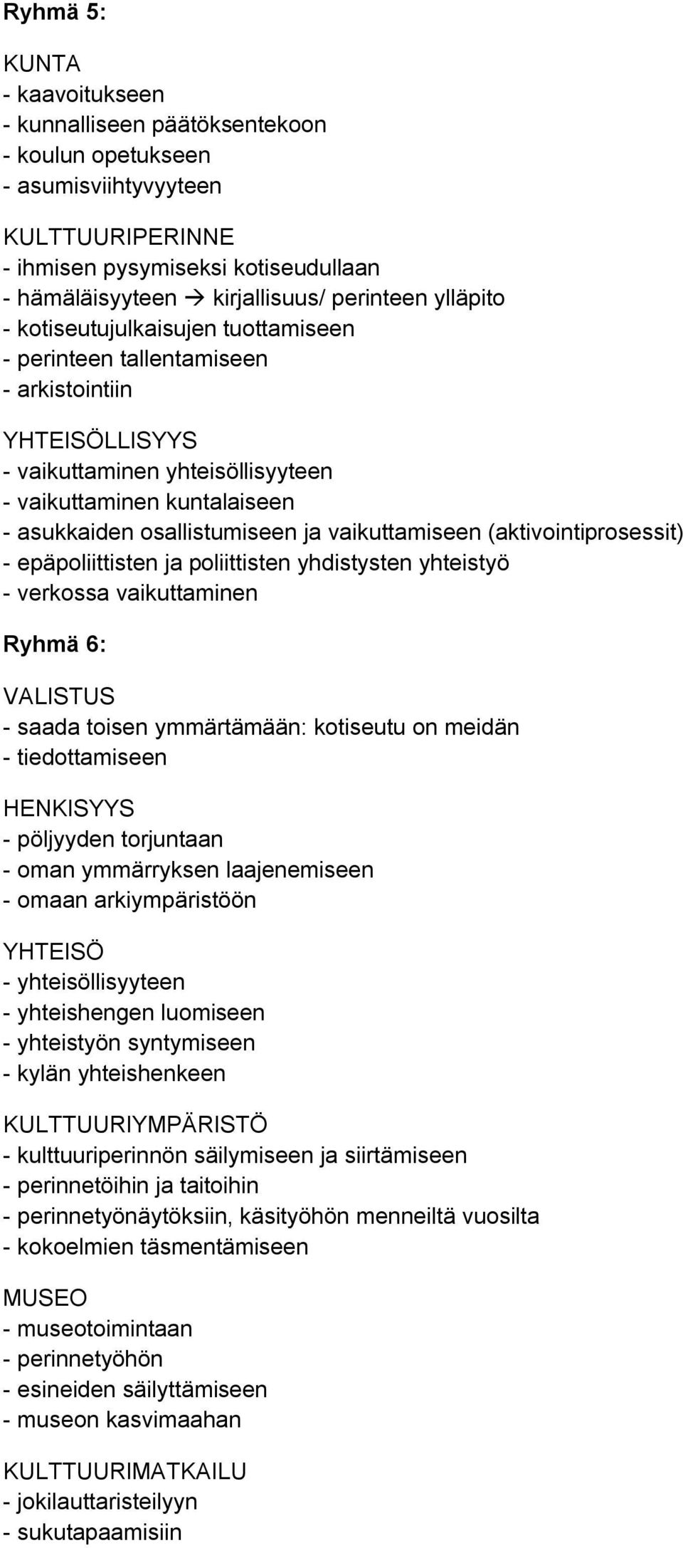 vaikuttamiseen (aktivointiprosessit) - epäpoliittisten ja poliittisten yhdistysten yhteistyö - verkossa vaikuttaminen Ryhmä 6: VALISTUS - saada toisen ymmärtämään: kotiseutu on meidän -