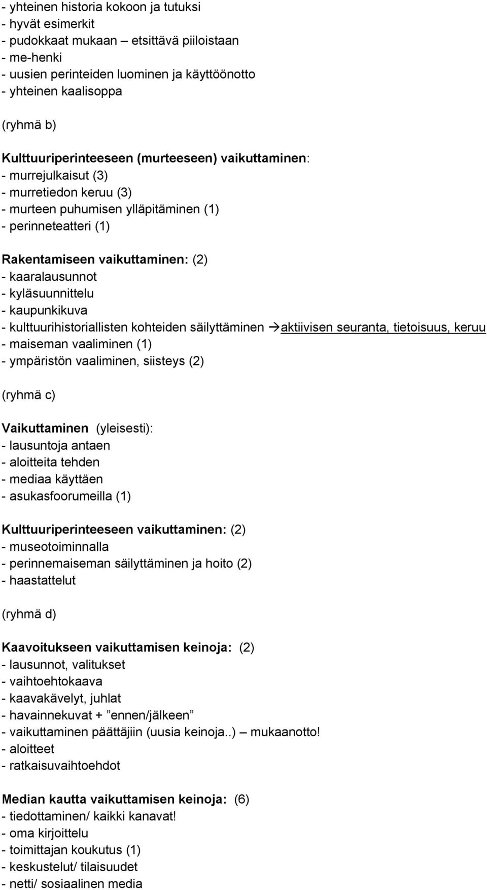 kaaralausunnot - kyläsuunnittelu - kaupunkikuva - kulttuurihistoriallisten kohteiden säilyttäminen aktiivisen seuranta, tietoisuus, keruu - maiseman vaaliminen (1) - ympäristön vaaliminen, siisteys