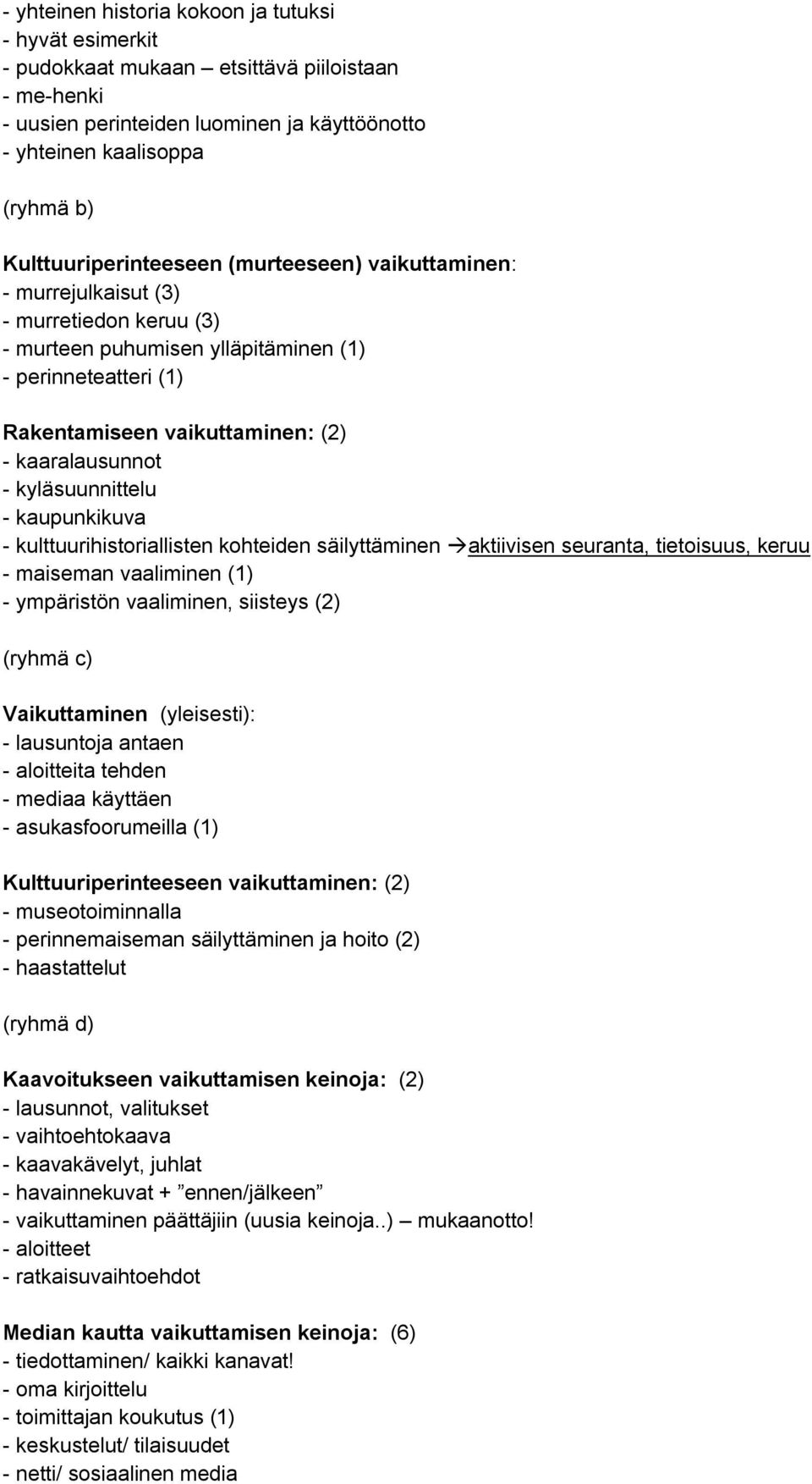 kaaralausunnot - kyläsuunnittelu - kaupunkikuva - kulttuurihistoriallisten kohteiden säilyttäminen aktiivisen seuranta, tietoisuus, keruu - maiseman vaaliminen (1) - ympäristön vaaliminen, siisteys