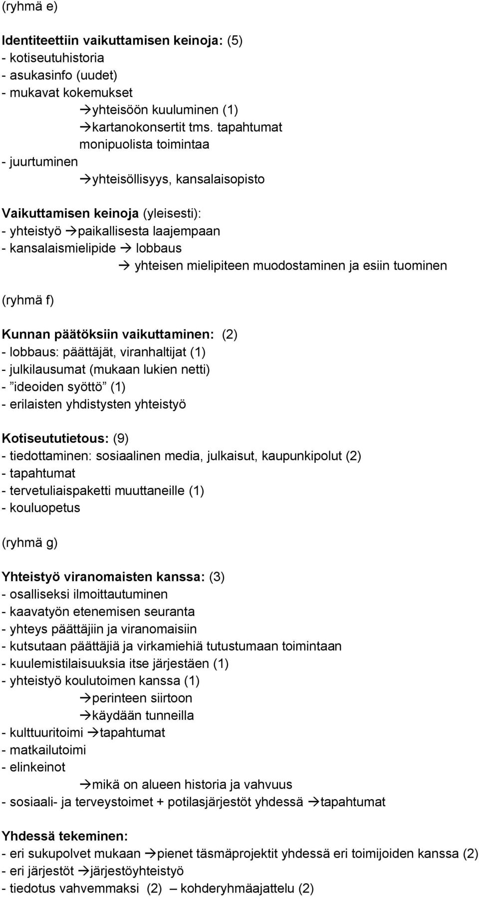 mielipiteen muodostaminen ja esiin tuominen (ryhmä f) Kunnan päätöksiin vaikuttaminen: (2) - lobbaus: päättäjät, viranhaltijat (1) - julkilausumat (mukaan lukien netti) - ideoiden syöttö (1) -