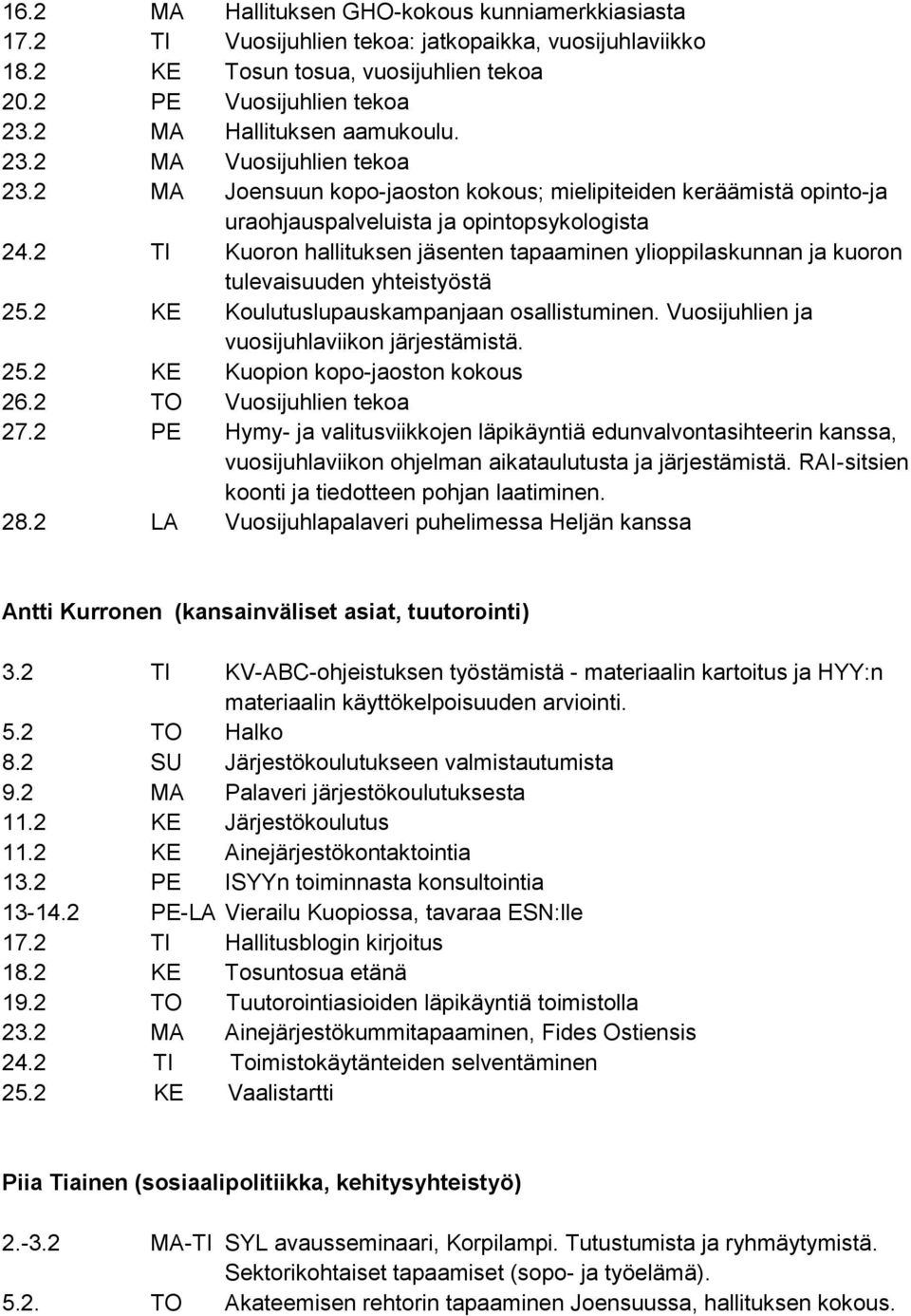 2 TI Kuoron hallituksen jäsenten tapaaminen ylioppilaskunnan ja kuoron tulevaisuuden yhteistyöstä 25.2 KE Koulutuslupauskampanjaan osallistuminen. Vuosijuhlien ja vuosijuhlaviikon järjestämistä. 25.2 KE Kuopion kopo-jaoston kokous 26.