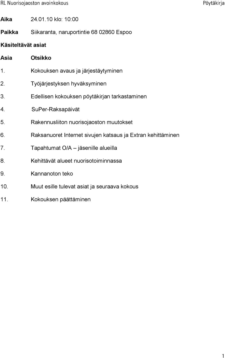 SuPer-Raksapäivät 5. Rakennusliiton nuorisojaoston muutokset 6. Raksanuoret Internet sivujen katsaus ja Extran kehittäminen 7.