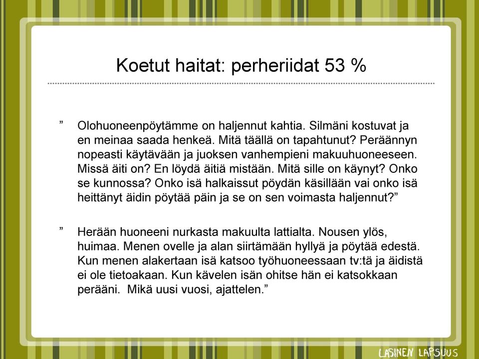 Onko isä halkaissut pöydän käsillään vai onko isä heittänyt äidin pöytää päin ja se on sen voimasta haljennut? Herään huoneeni nurkasta makuulta lattialta.