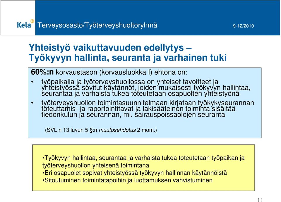 työkykyseurannan toteuttamis- ja raportointitavat ja lakisääteinen toiminta sisältää tiedonkulun ja seurannan, ml. sairauspoissaolojen seuranta (SVL:n 13 luvun 5 :n muutosehdotus 2 mom.