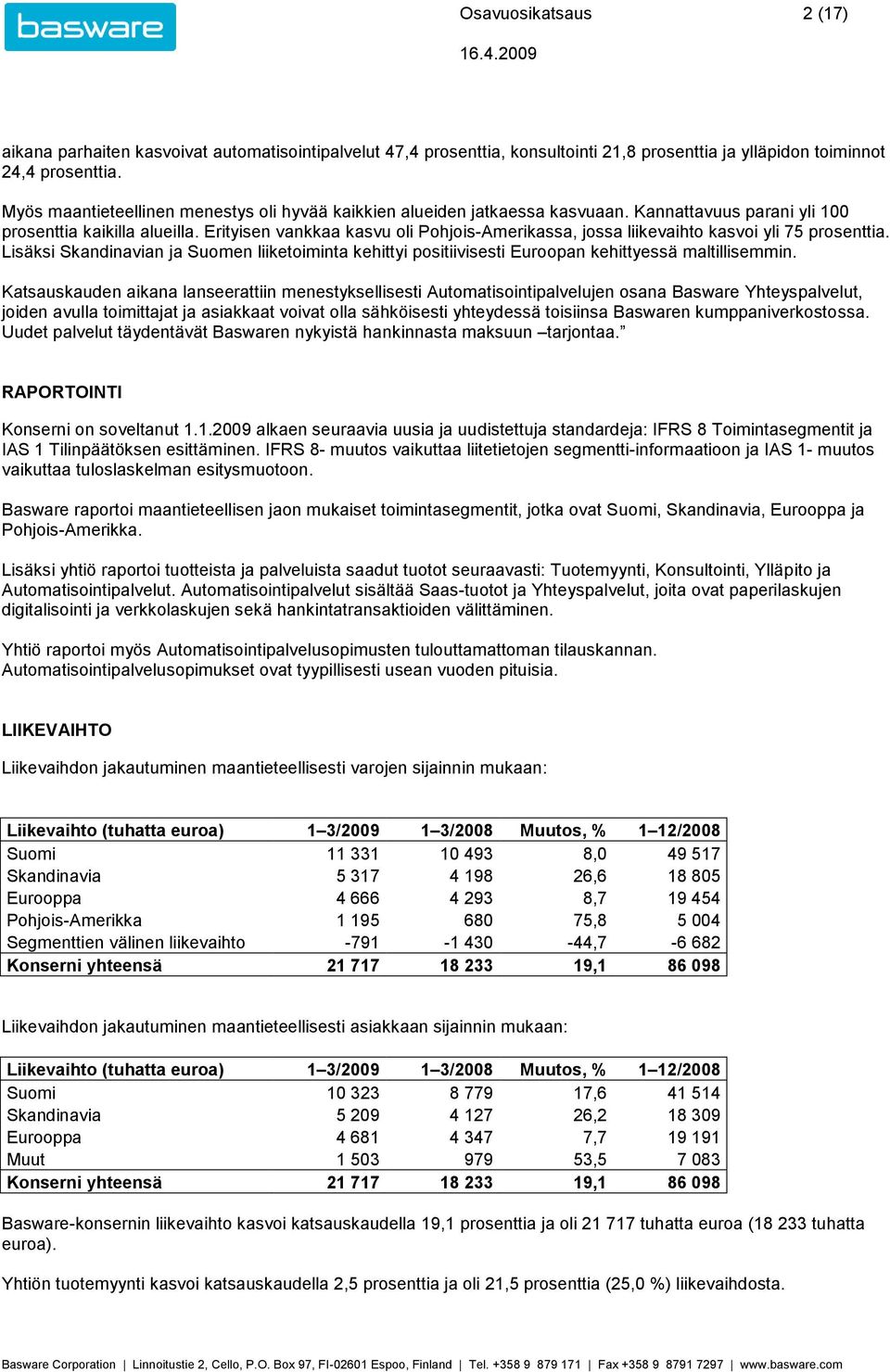 Erityisen vankkaa kasvu oli Pohjois-Amerikassa, jossa liikevaihto kasvoi yli 75 prosenttia. Lisäksi Skandinavian ja Suomen liiketoiminta kehittyi positiivisesti Euroopan kehittyessä maltillisemmin.