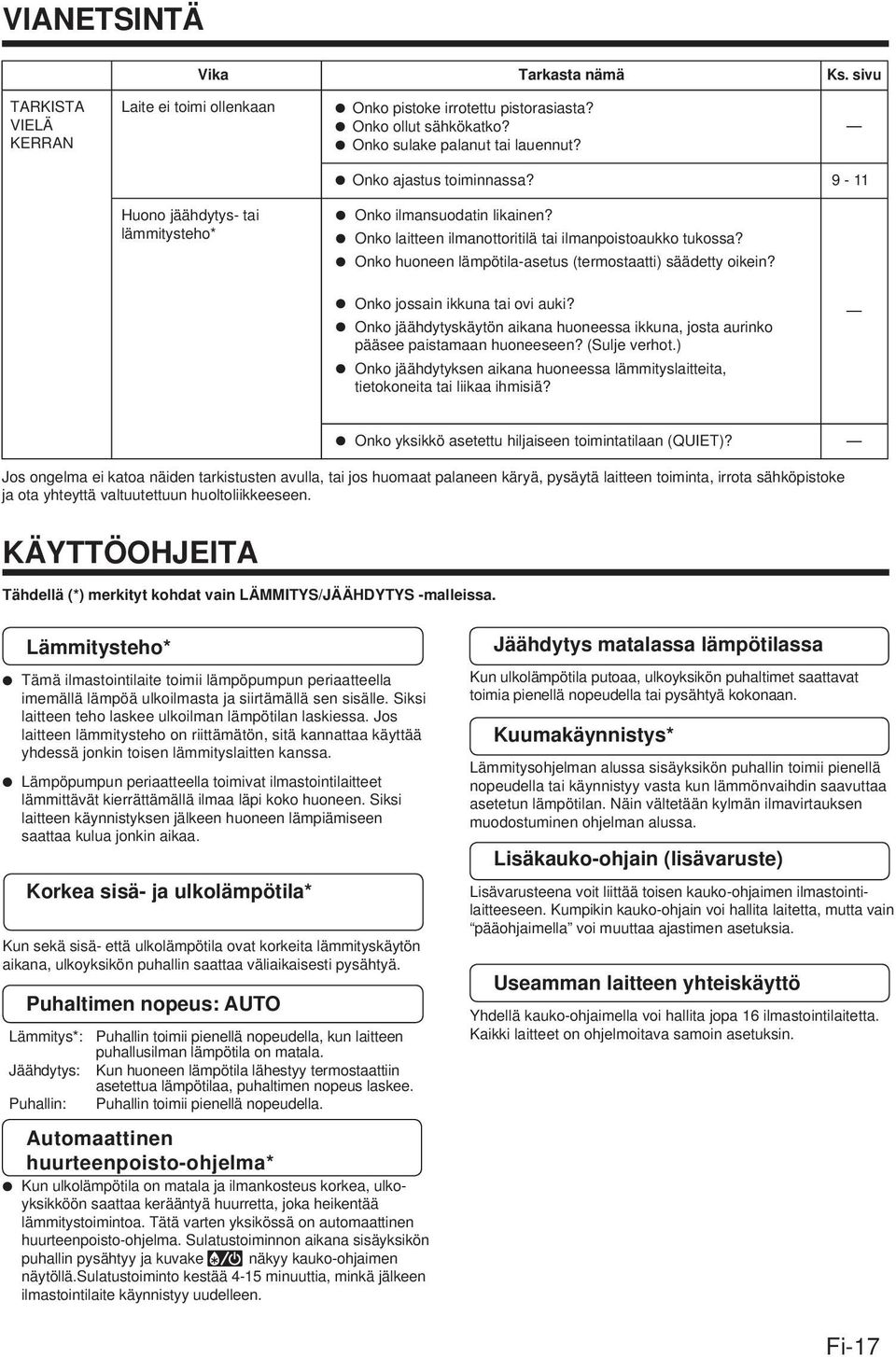 Onko huoneen lämpötila-asetus (termostaatti) säädetty oikein? Onko jossain ikkuna tai ovi auki? Onko jäähdytyskäytön aikana huoneessa ikkuna, josta aurinko pääsee paistamaan huoneeseen? (Sulje verhot.