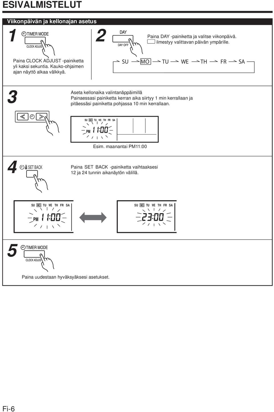 SU MO TU WE TH FR SA 3 Aseta kellonaika valintanäppäimillä Painaessasi painiketta kerran aika siirtyy 1 min kerrallaan ja pitäessäsi painiketta pohjassa 10