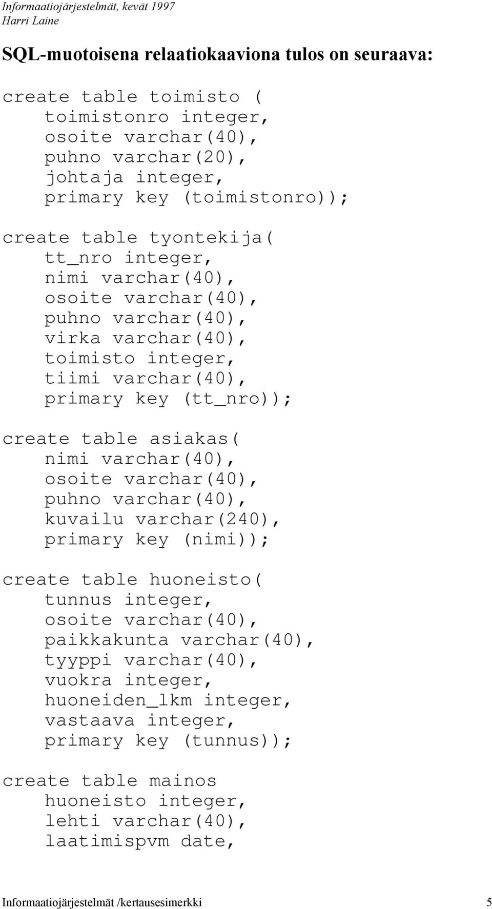 vrchr(40), vrchr(40), vrchr(40), kuvilu vrchr(240), primry key (nimi)); crete tble huoneisto( tunnus integer, vrchr(40), pikkkunt vrchr(40), tyyppi vrchr(40), vuokr