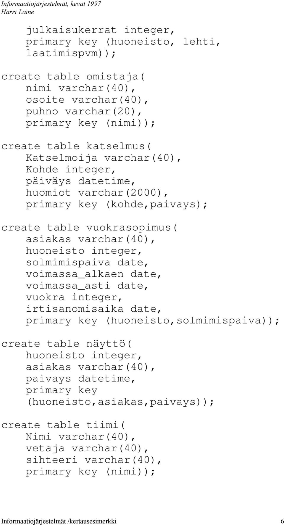 solmimispiv dte, voimss_lken dte, voimss_sti dte, vuokr integer, irtisnomisik dte, primry key (huoneisto,solmimispiv)); crete tble näyttö( huoneisto integer, siks