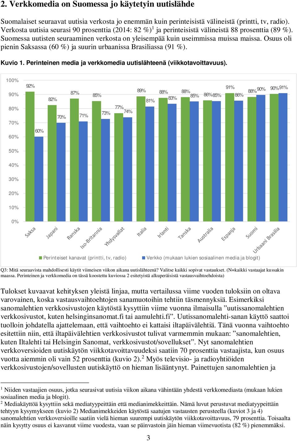 Osuus oli pienin Saksassa (60 %) ja suurin urbaanissa Brasiliassa (91 %). Kuvio 1. Perinteinen media ja verkkomedia uutislähteenä (viikkotavoittavuus).