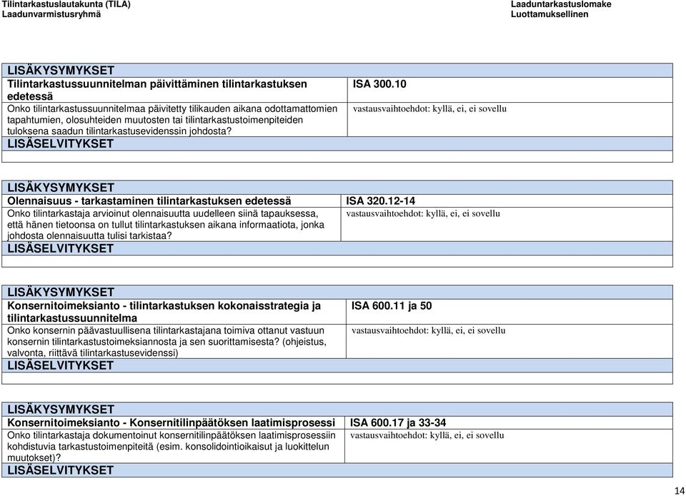 12-14 Onko tilintarkastaja arvioinut olennaisuutta uudelleen siinä tapauksessa, että hänen tietoonsa on tullut tilintarkastuksen aikana informaatiota, jonka johdosta olennaisuutta tulisi tarkistaa?