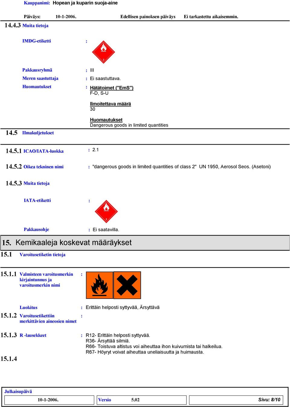 (Asetoni) 14.5.3 Muita tietoja IATA-etiketti 2 Pakkausohje 15. Kemikaaleja koskevat määräykset 15.1 Varoitusetiketin tietoja 15.1.1 Valmisteen varoitusmerkin kirjaintunnus ja varoitusmerkin nimi Luokitus 15.