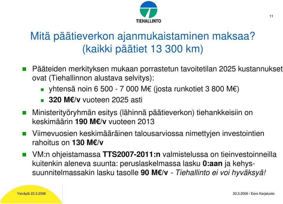 (josta runkotiet 3 800 M ) 320 M /v vuoteen 2025 asti Ministerityöryhmän esitys (lähinnä päätieverkon) tiehankkeisiin on keskimäärin 190 M /v vuoteen 2013