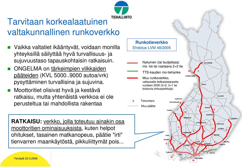 Moottoritiet olisivat hyvä ja kestävä ratkaisu, mutta yhtenäistä verkkoa ei ole perusteltua tai mahdollista rakentaa RATKAISU: verkko, jolla toteutuu ainakin osa moottoritien ominaisuuksista, kuten