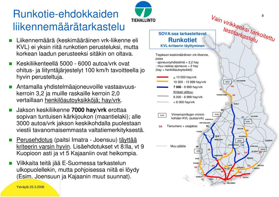 Antamalla yhdistelmäajoneuvoille vastaavuuskerroin 3,2 ja muille raskaille kerroin 2,0 vertaillaan henkilöautoyksikköjä; hay/vrk.