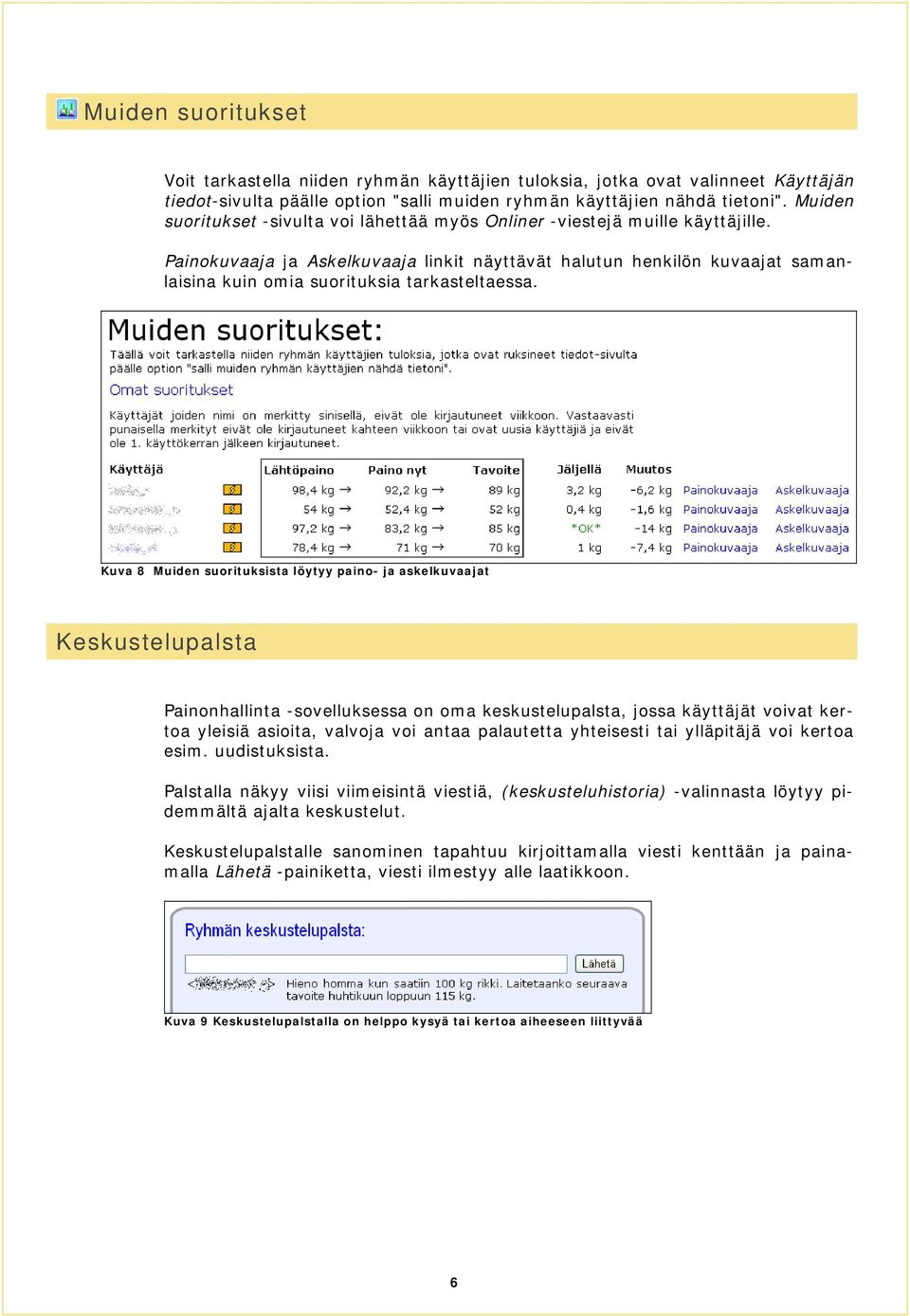 Painokuvaaja ja Askelkuvaaja linkit näyttävät halutun henkilön kuvaajat samanlaisina kuin omia suorituksia tarkasteltaessa.