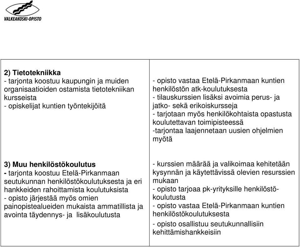 ohjelmien myötä 3) Muu henkilöstökoulutus - tarjonta koostuu Etelä-Pirkanmaan seutukunnan henkilöstökoulutuksesta ja eri hankkeiden rahoittamista koulutuksista - opisto järjestää myös omien