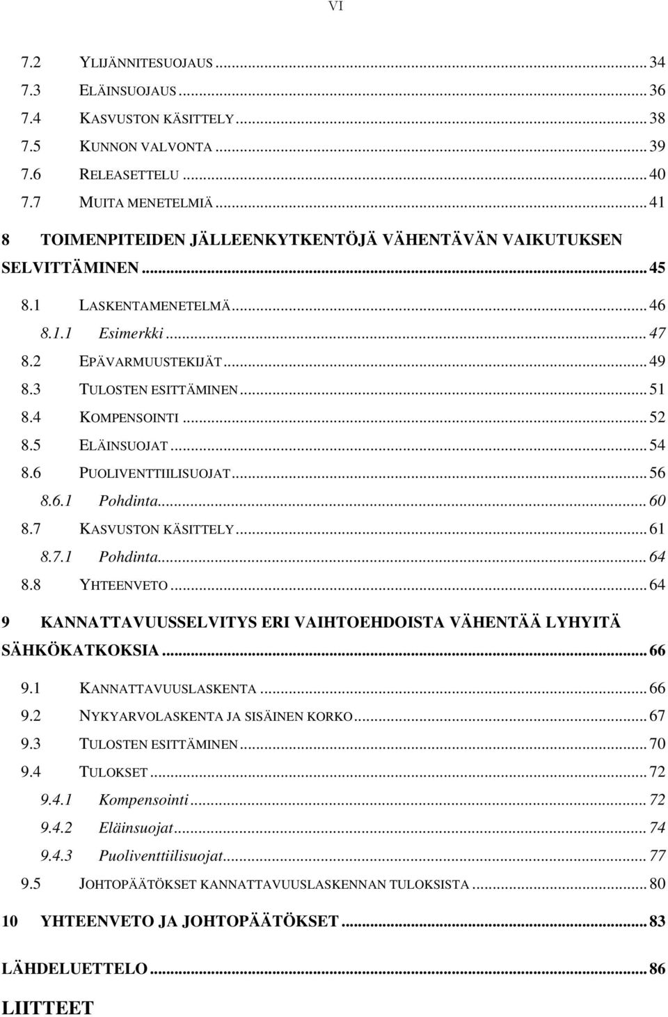 4 KOMPENSOINTI... 52 8.5 ELÄINSUOJAT... 54 8.6 PUOLIVENTTIILISUOJAT... 56 8.6.1 Pohdinta... 60 8.7 KASVUSTON KÄSITTELY... 61 8.7.1 Pohdinta... 64 8.8 YHTEENVETO.