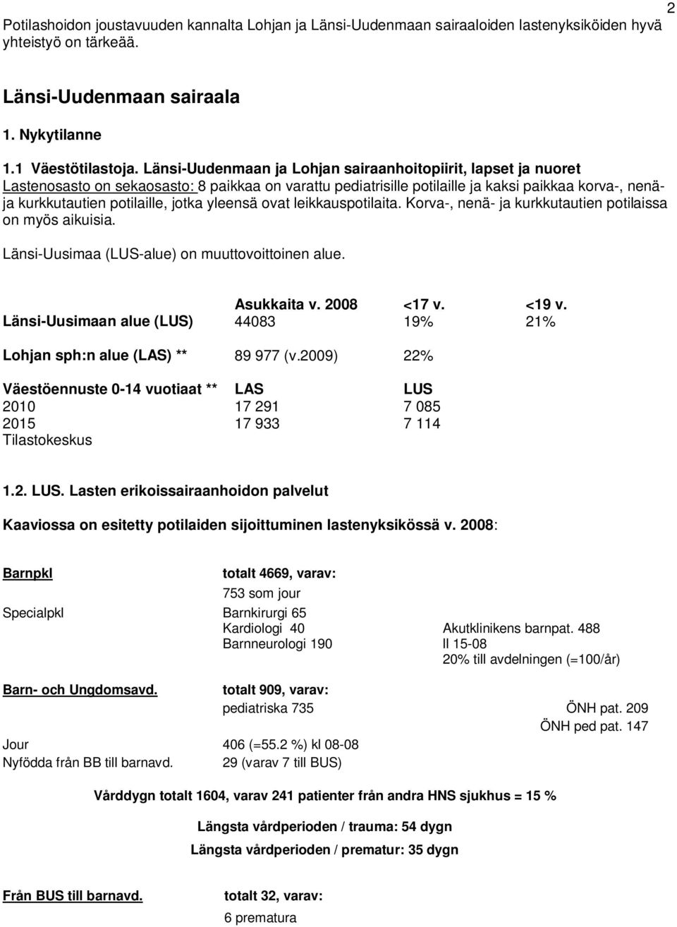 jotka yleensä ovat leikkauspotilaita. Korva-, nenä- ja kurkkutautien potilaissa on myös aikuisia. Länsi-Uusimaa (LUS-alue) on muuttovoittoinen alue. Asukkaita v. 2008 <17 v. <19 v.