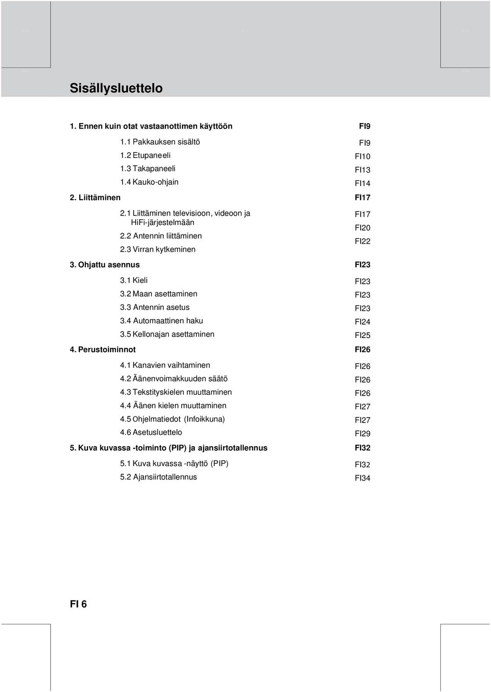 3 Antennin asetus FI23 3.4 Automaattinen haku FI24 4. Perustoiminnot 3.5 Kellonajan asettaminen FI25 FI26 4.1 Kanavien vaihtaminen FI26 4.2 Äänenvoimakkuuden säätö FI26 4.