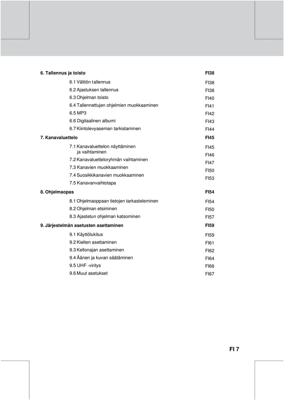 5 Kanavanvaihtotapa FI38 FI38 FI38 FI40 FI41 FI42 FI43 FI44 FI45 FI45 FI46 FI47 FI50 FI53 8. Ohjelmaopas 8.1 Ohjelmaoppaan tietojen tarkasteleminen FI54 FI54 8.2 Ohjelman etsiminen FI50 8.