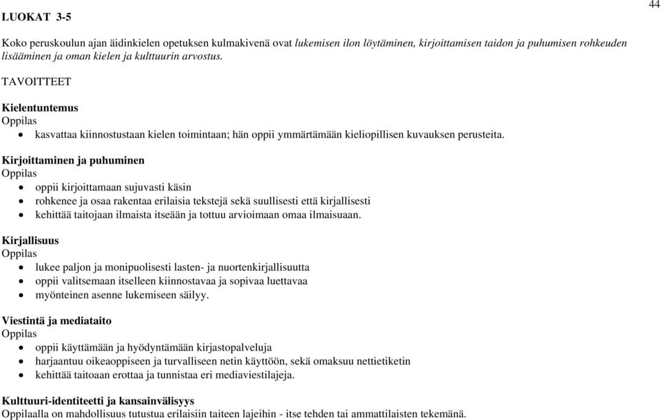 Kirjoittaminen ja puhuminen oppii kirjoittamaan sujuvasti käsin rohkenee ja osaa rakentaa erilaisia tekstejä sekä suullisesti että kirjallisesti kehittää taitojaan ilmaista itseään ja tottuu