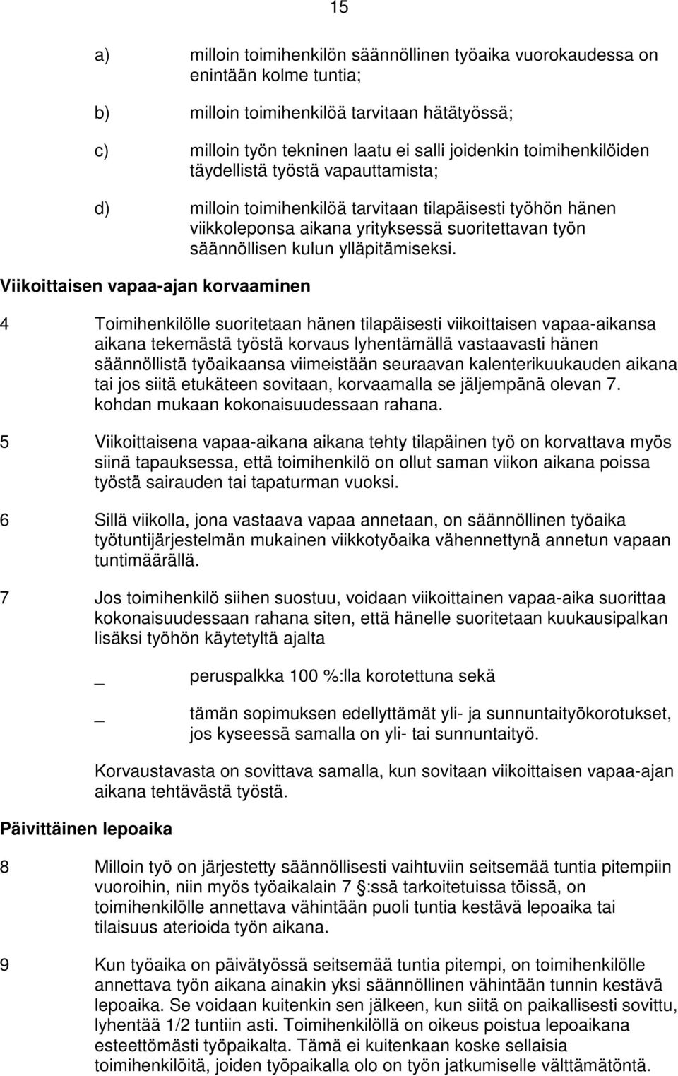 Viikoittaisen vapaa-ajan korvaaminen 4 Toimihenkilölle suoritetaan hänen tilapäisesti viikoittaisen vapaa-aikansa aikana tekemästä työstä korvaus lyhentämällä vastaavasti hänen säännöllistä