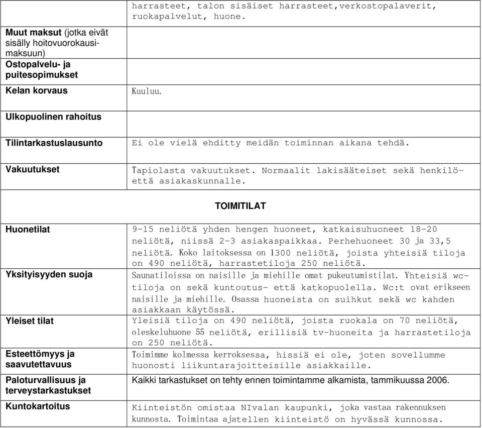 TOIMITILAT Huonetilat 9-15 neliötä yhden hengen huoneet, katkaisuhuoneet 18-20 neliötä, niissä 2-3 asiakaspaikkaa. Perhehuoneet 30 ja 33,5 neliötä.